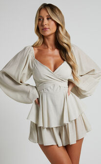 Florice Wrap Front Frill Playsuit in Light Sage