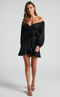 Can't Move On Mini Dress - Off Shoulder Dress in Black Linen Look
