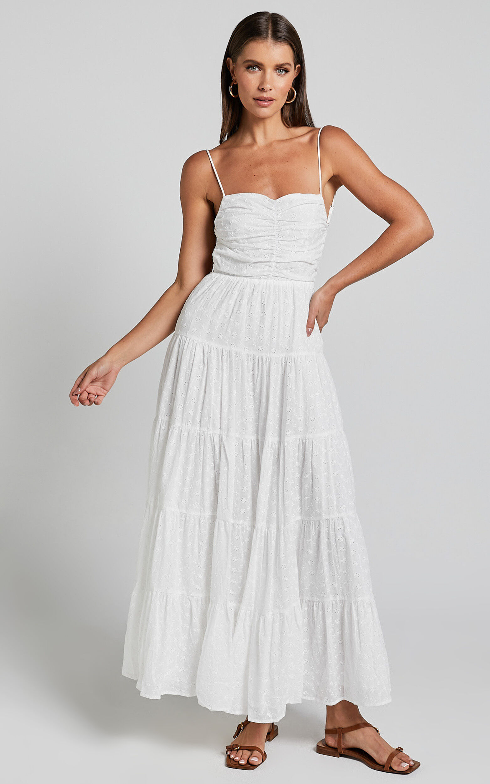 Edyta Maxi Dress - Ruched Tiered Dress in White | Showpo NZ