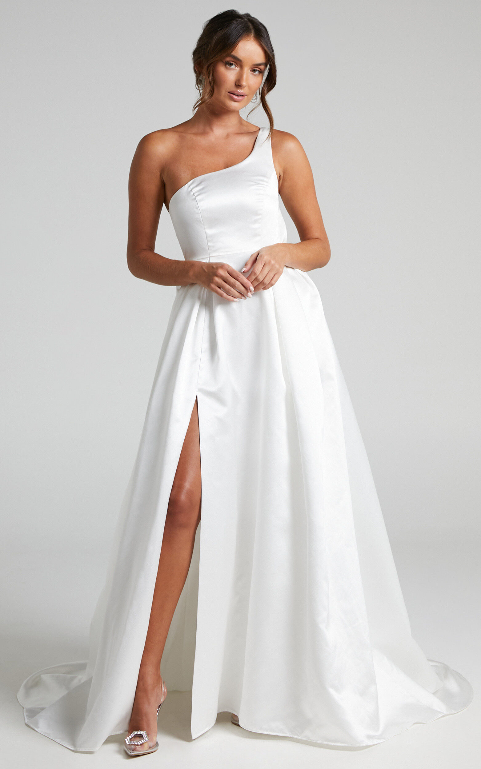 Desire Me Gown - One Shoulder Thigh Split Gown in Ivory Satin - 04, WHT1