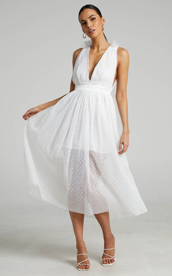 Xenia Plunge Tulle Maxi Dress in White