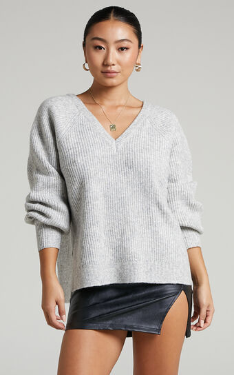Lumina Oversized V Neck Sweater in Grey Marle