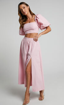 Branson Two Piece Set - Short Puff Sleeve High Waisted Midaxi Skirt Set in Pink
