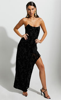 Arisa strapless velvet burnout ruffle maxi dress in Black