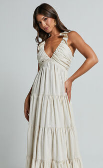 Nicollee Midi Dress - Plunge Neck Sleeveless Tiered Dress in Natural