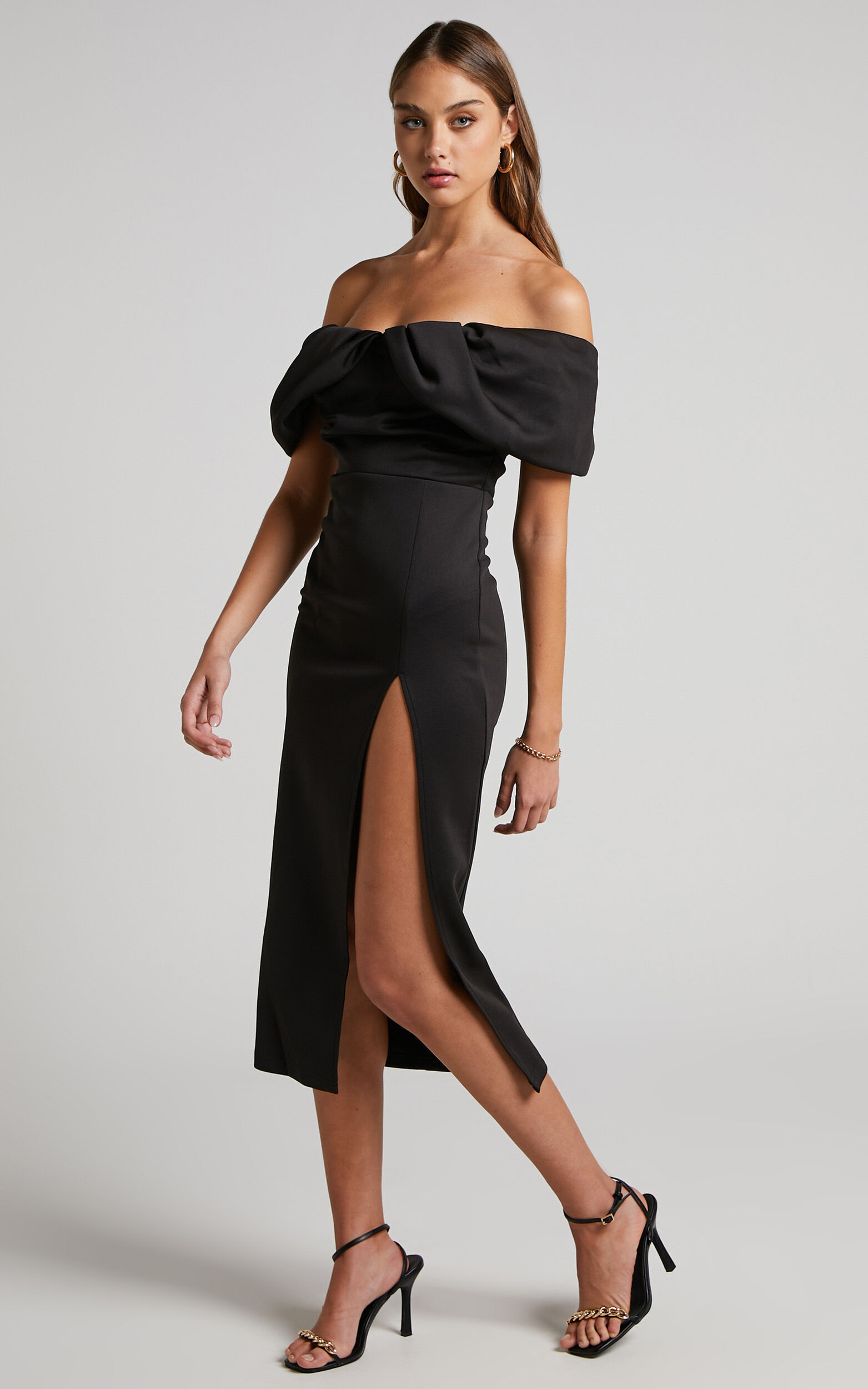Rosbella Midi Dress - Off Shoulder Bodycon Dress in Black | Showpo USA
