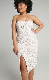 Lace To Lace Midi Dress - Strapless Bodycon Dress in White Lace