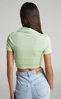 Dolly Button Up Slinky Short Sleeve Crop Top in Celery