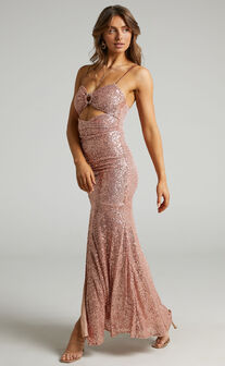 Vee Vee Sequin Maxi Dress in Rose Gold Sequin