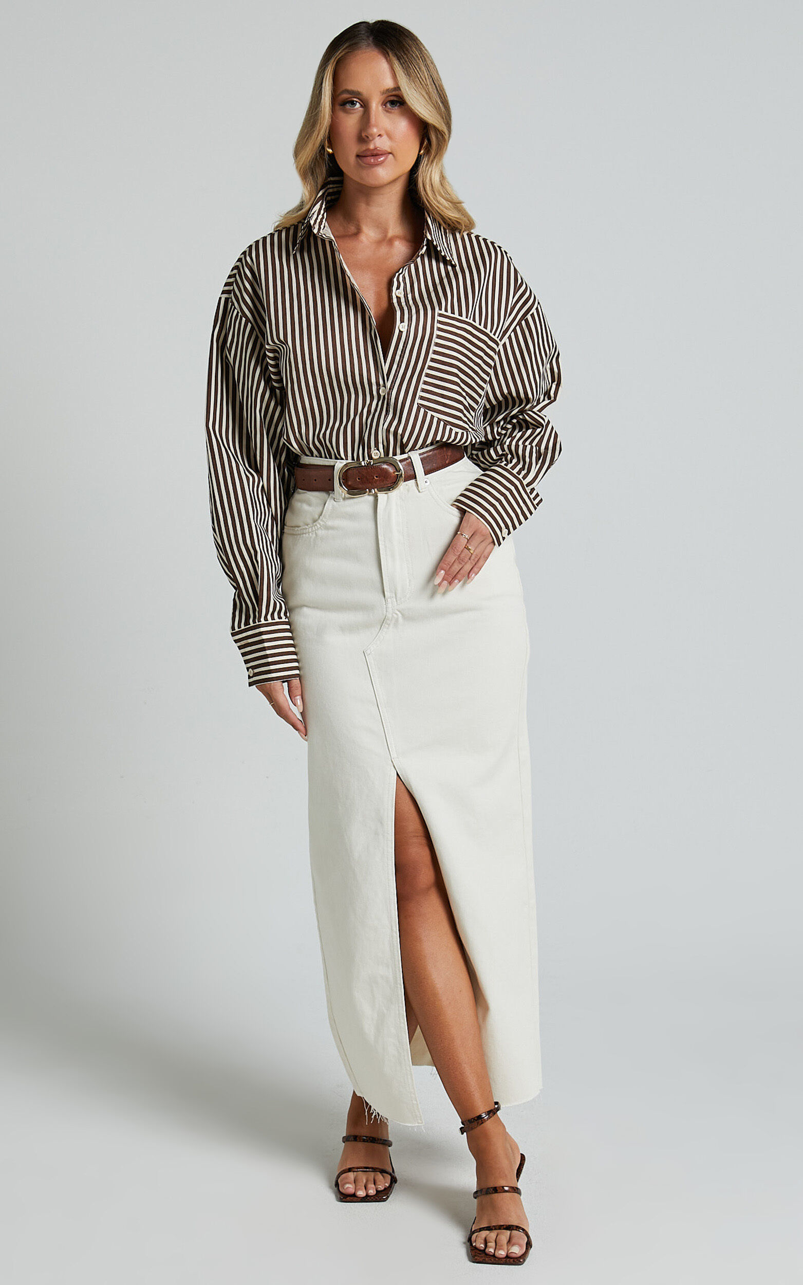 Jaycey Shirt - Long Sleeve Pocket Detail Shirt in Brown Stripe - 04, BRN1