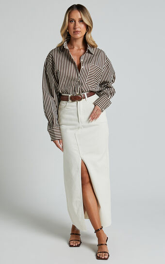 Jaycey Shirt - Long Sleeve Pocket Detail Shirt in Brown Stripe