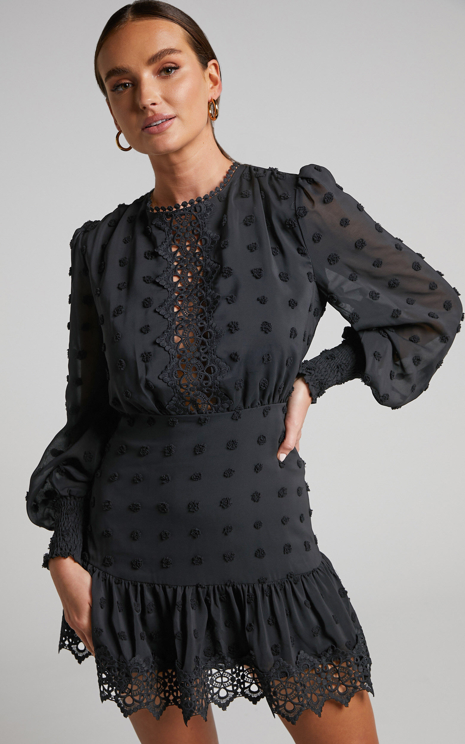 Meihna Mini Dress - Lace Detail Long Sleeve Dress in Black - 04, BLK1