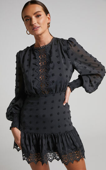 Meihna Mini Dress - Lace Detail Long Sleeve Dress in Black