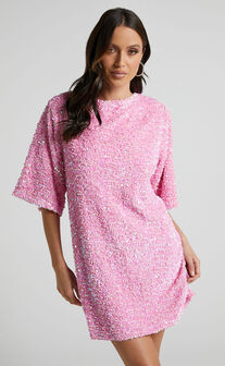 Valetta Mini Dress - High Scoop Neck 3/4 Sleeve Cowl Tie Back Dress in Pink Sequin
