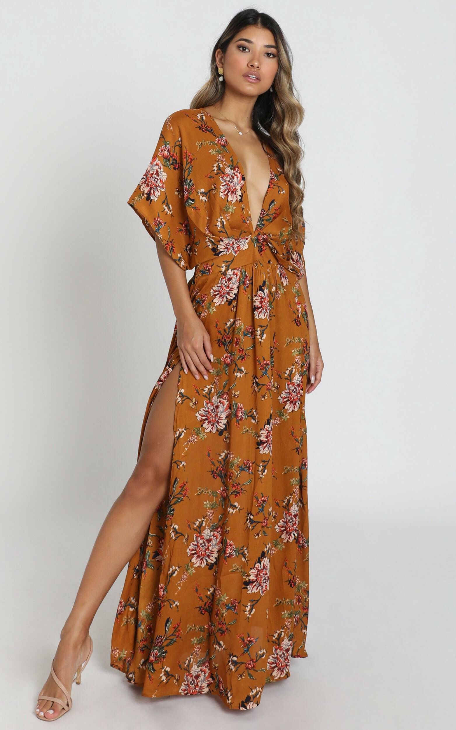Vacay Ready Midi Dress - Plunge Thigh Split Dress in Mustard Floral - 04, YEL8