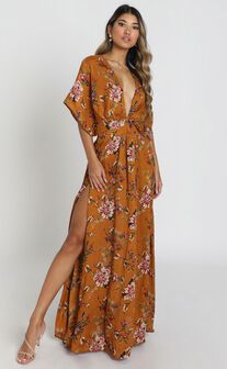 Vacay Ready Midaxi Dress - Plunge Thigh Split Dress in Mustard Floral