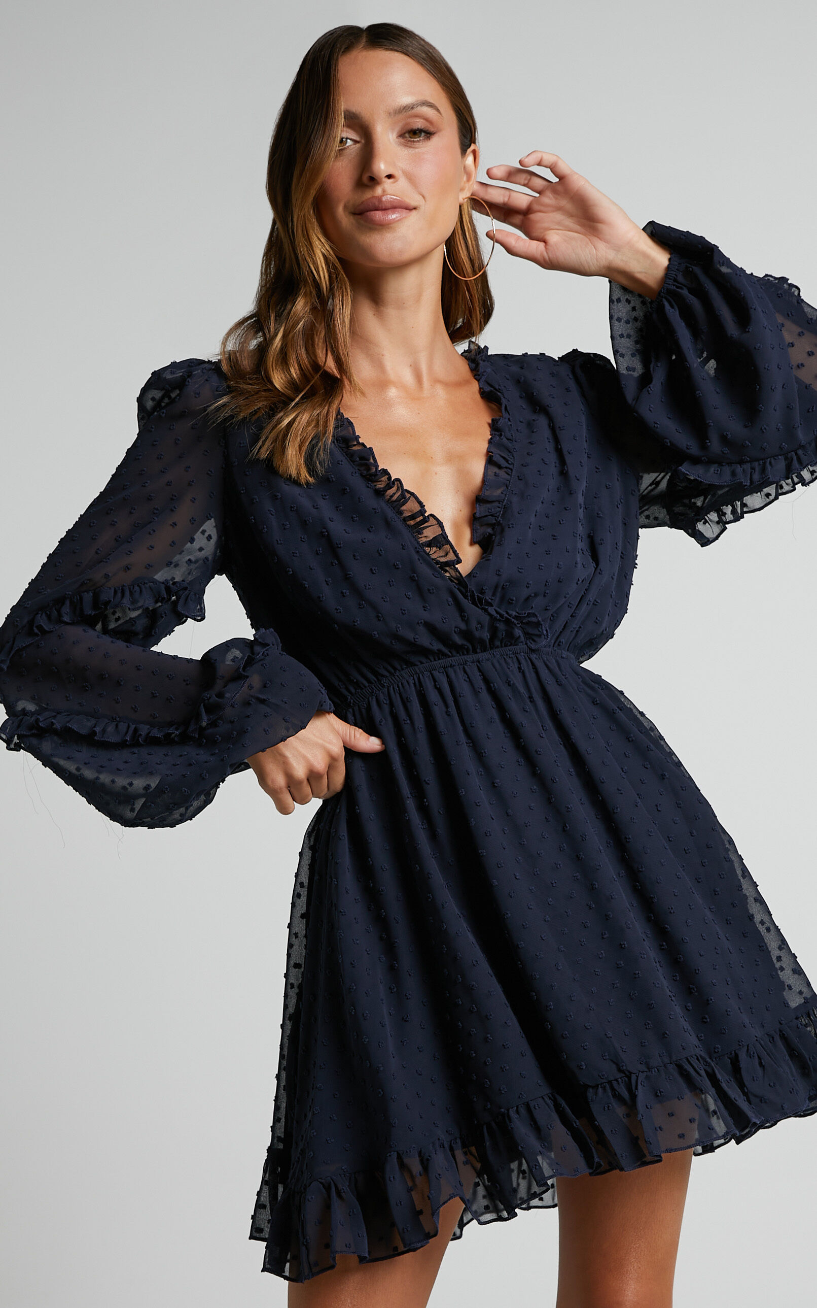 Sancha Long Sleeve Frill Mini Dress in Navy - 04, NVY1, super-hi-res image number null