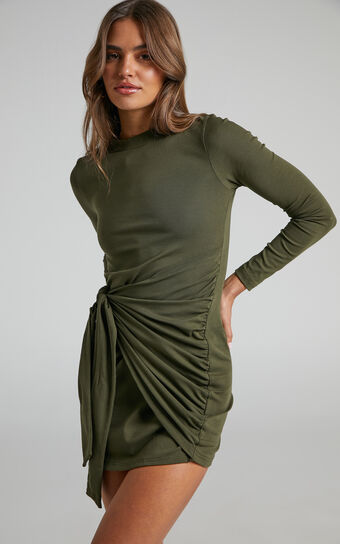 Marleen Wrap Front Long Sleeve Bodycon Mini Dress in Khaki