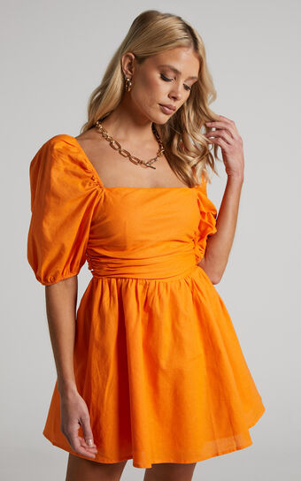 Claudina Mini Dress - Puff Sleeve Ruched Bodice Dress in Bright Orange