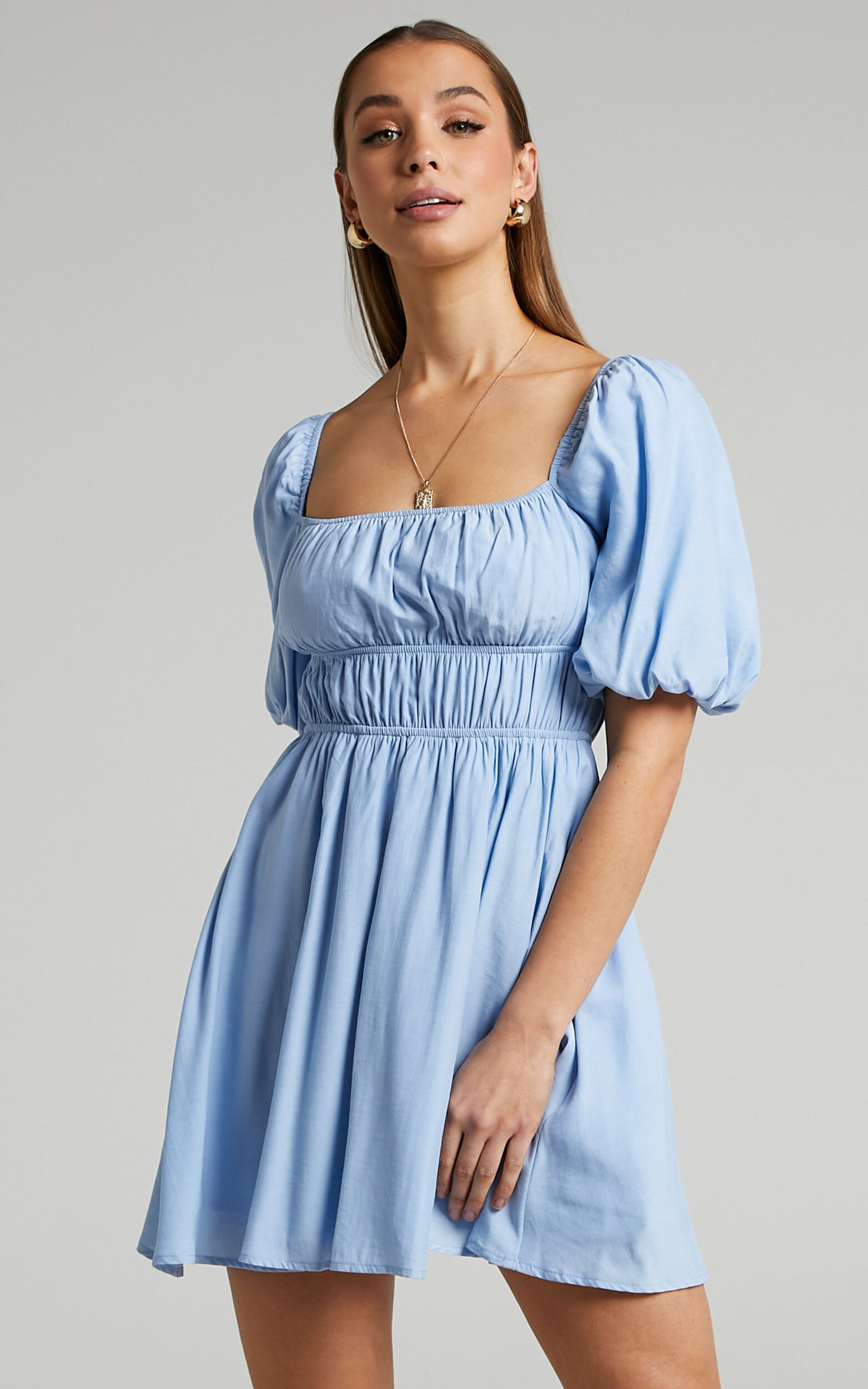 Maretta Mini Dress - Stretch Waist Square Neck Dress in Blue - 04, BLU1