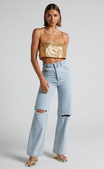Elswyth Top - Strappy Sequin Crop Cami Top in Gold