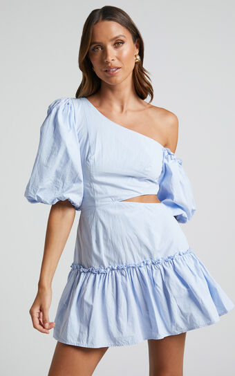 Ashtina Mini Dress - Off One Shoulder Puff Sleeve Dress in Pale Blue