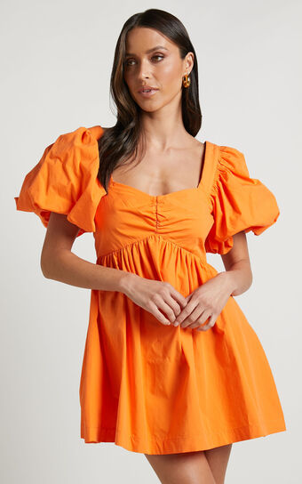Vashti Mini Dress - Puff Sleeve Sweetheart Dress in Orange