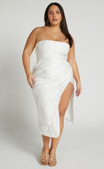Brailey Midi Dress - Thigh Split Strapless Dress in White Jacquard