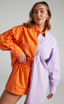 Roewe Colour Block Oversized Button Up Shirt in Orange & Lilac