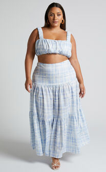 Amalie The Label - Emerita Gathered Crop Top and Tiered Maxi Skirt Set in Chieti Check Blue