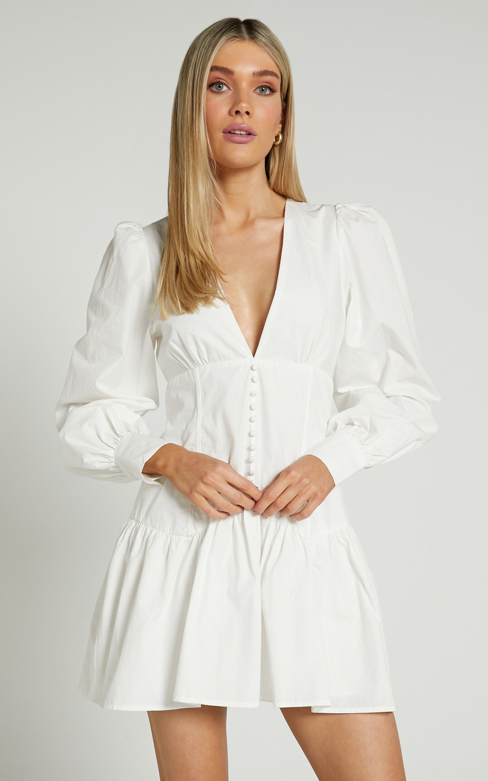 Carlyle Mini Dress - Long Sleeve Corset Dress in White - 04, WHT5