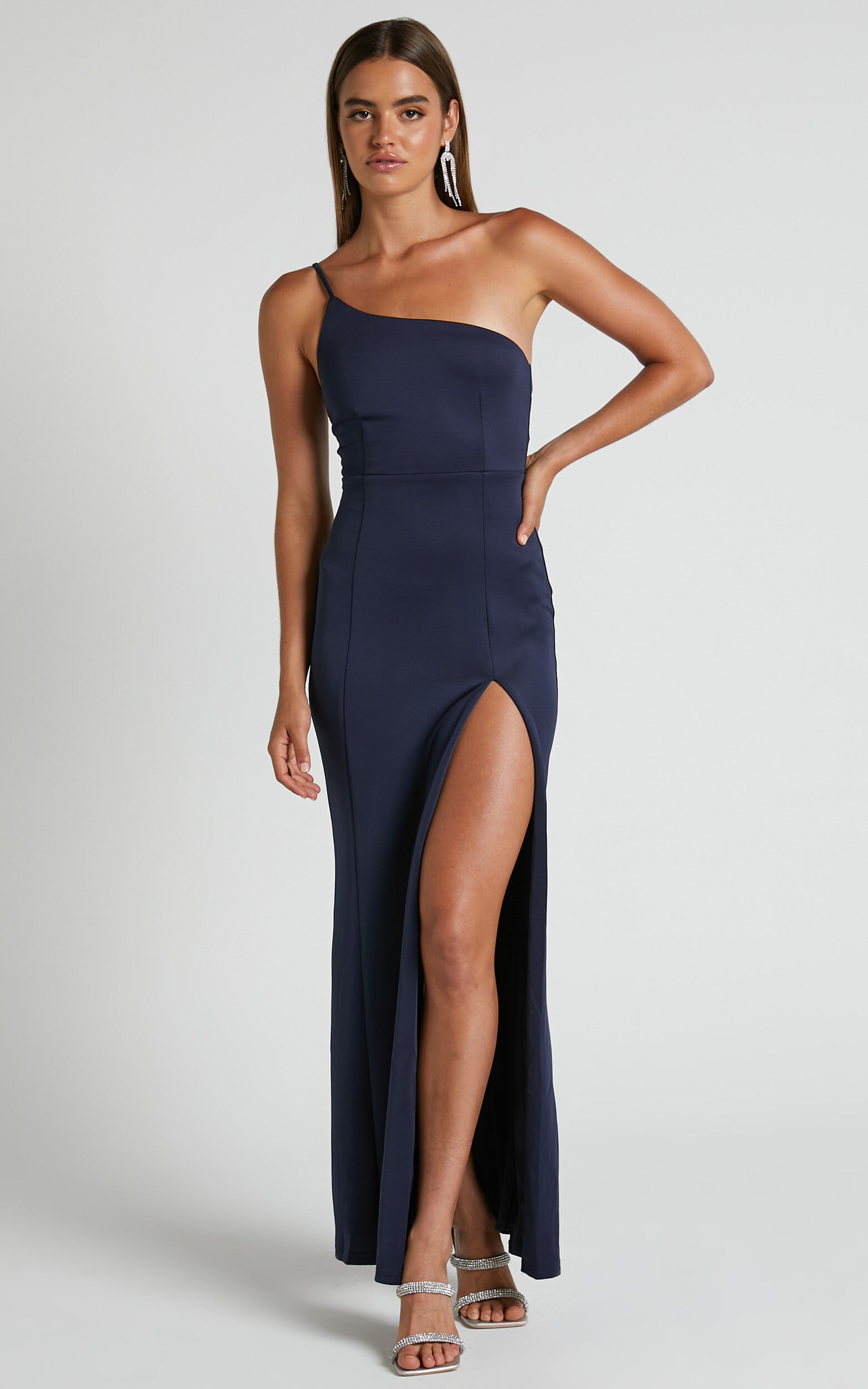 No Ones Fault Midaxi Dress - One Shoulder Thigh Split Dress in Navy - 04, NVY4