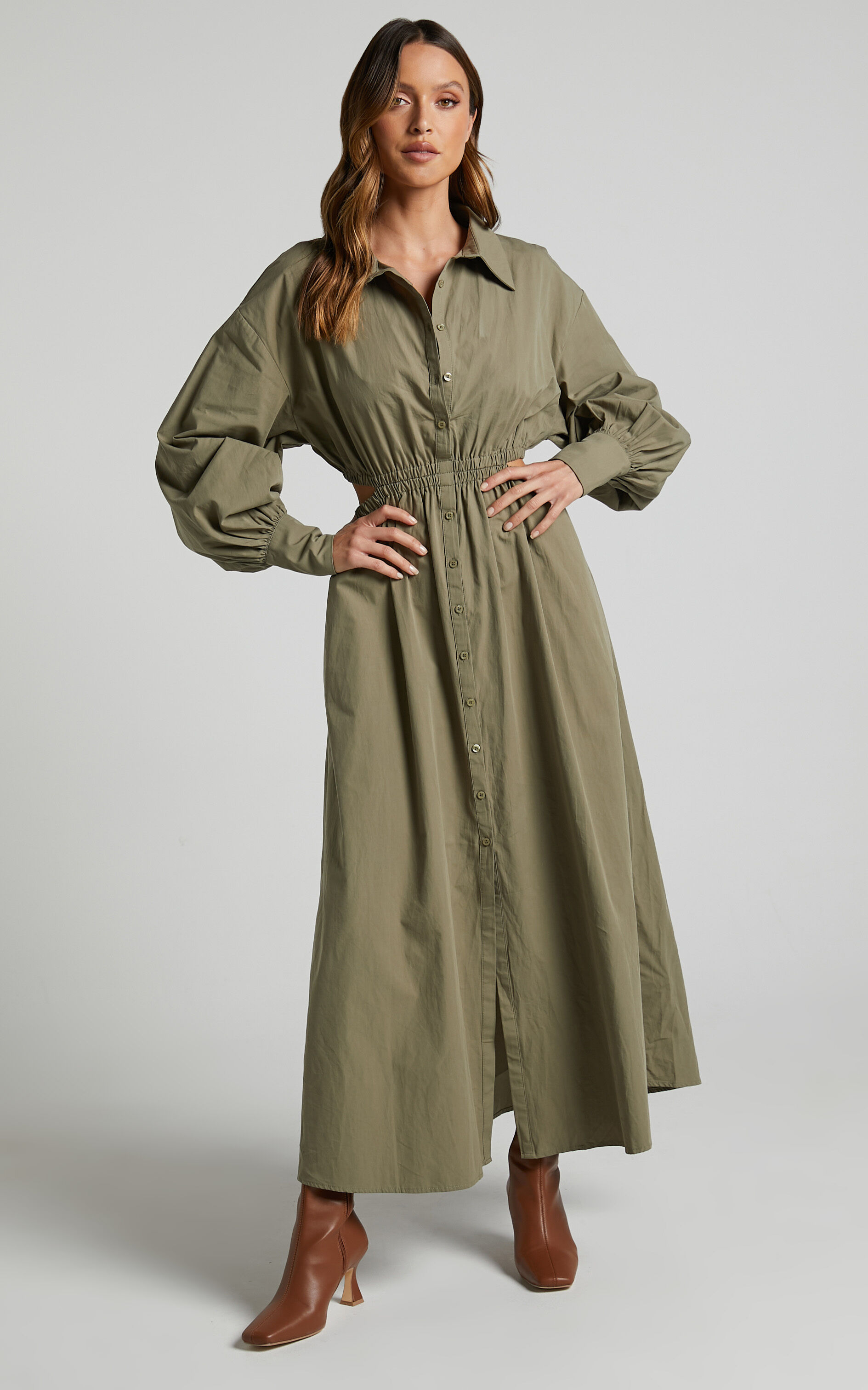 Merabelle Midi Dress - Side Cut Out Collared Long Sleeve Shirt Dress in Olive - 04, GRN1, super-hi-res image number null