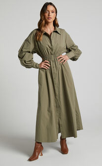 Merabelle Midaxi Dress - Side Cut Out Collared Long Sleeve Shirt Dress in Olive
