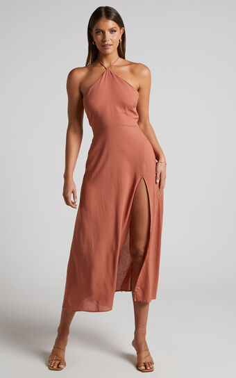 Sondra Midi Dress - Thigh Split Halter Dress in Terracotta