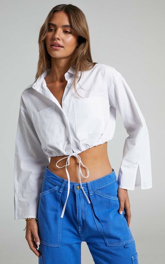 Lynessa Long Sleeve Cropped Drawstring Shirt in White