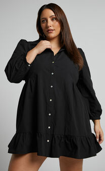 Maulee Mini Dress - Frill Hem Shirt Dress in Black