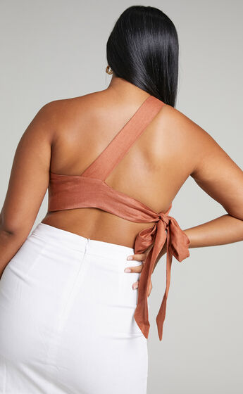 Amalie The Label - Lizzi Linen One Shoulder Tie Back Crop Top in Rust