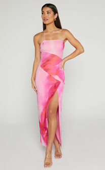 Johanne Midi Dress - Side Slit Bodycon Dress in Pink Blur Print