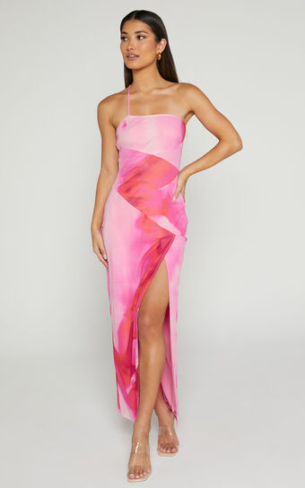 Johanne Midaxi Dress - Side Slit Bodycon Dress in Pink Blur Print