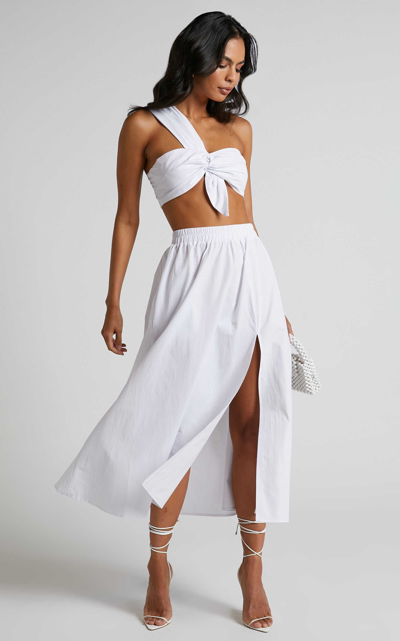 Sula Two Piece Set - One Shoulder Bralette Crop Top and Midaxi Skirt Set in White - 04, WHT1