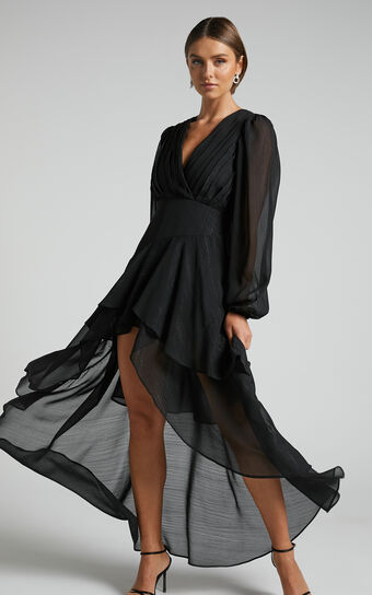Claudita Maxi Dress - Long Sleeve High Low Hem Dress in Black