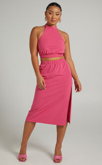 Lerah Elastic Waist Midi Skirt in Hot Pink