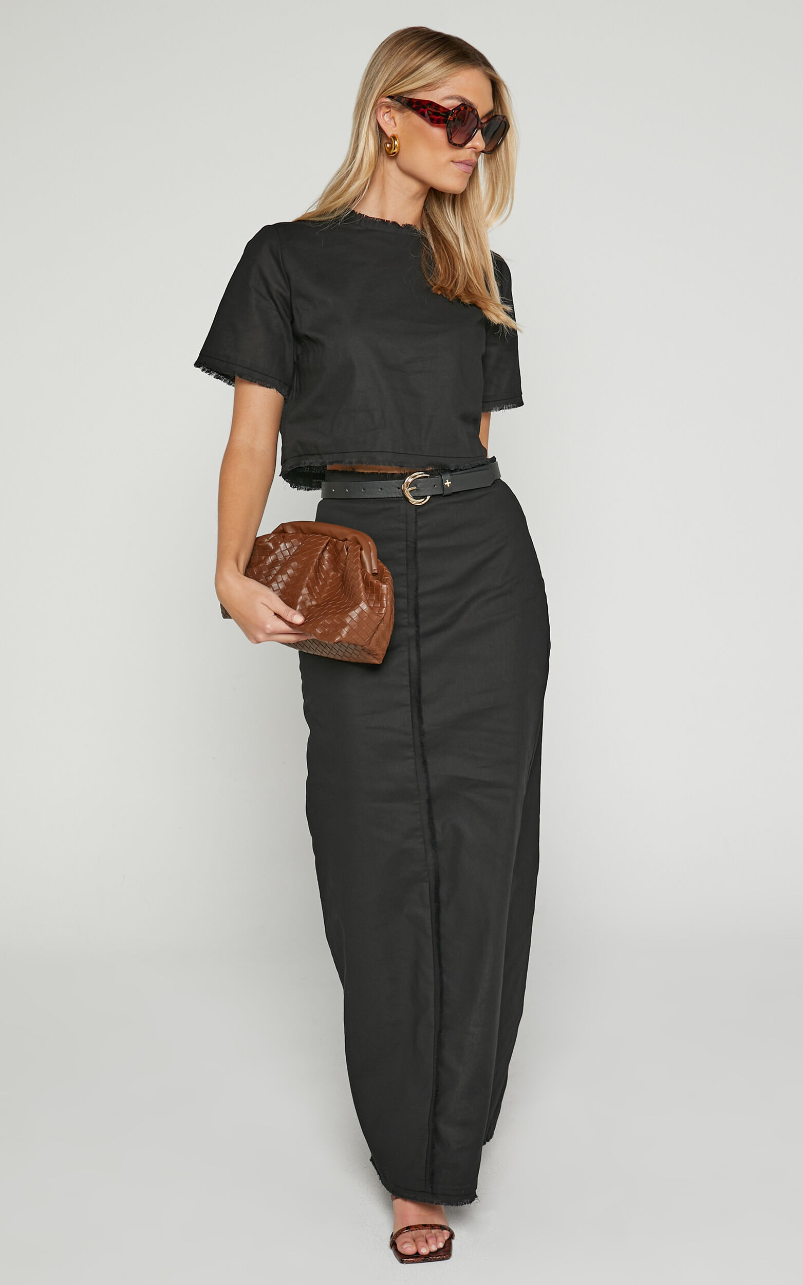 Tisdale Two Piece Set - Linen Look Scoop Neck Short Sleeve Cropped Top and Maxi Skirt in Black - 06, BLK1