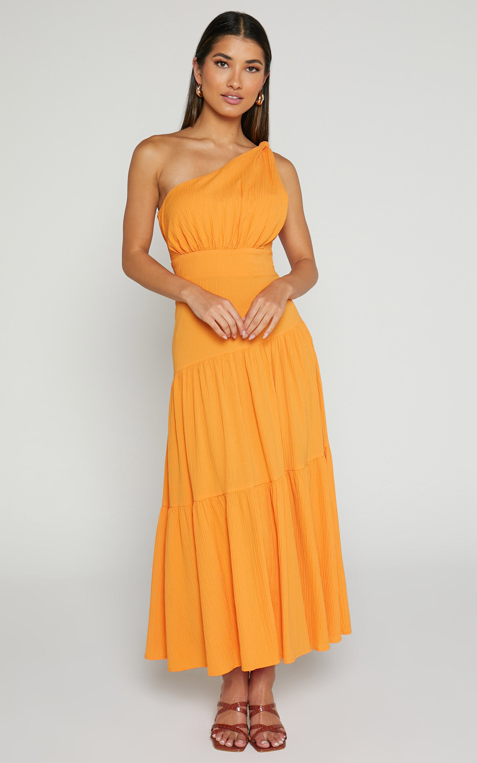 Celestia Midaxi Dress - Tiered One Shoulder Dress in Mango | Showpo USA