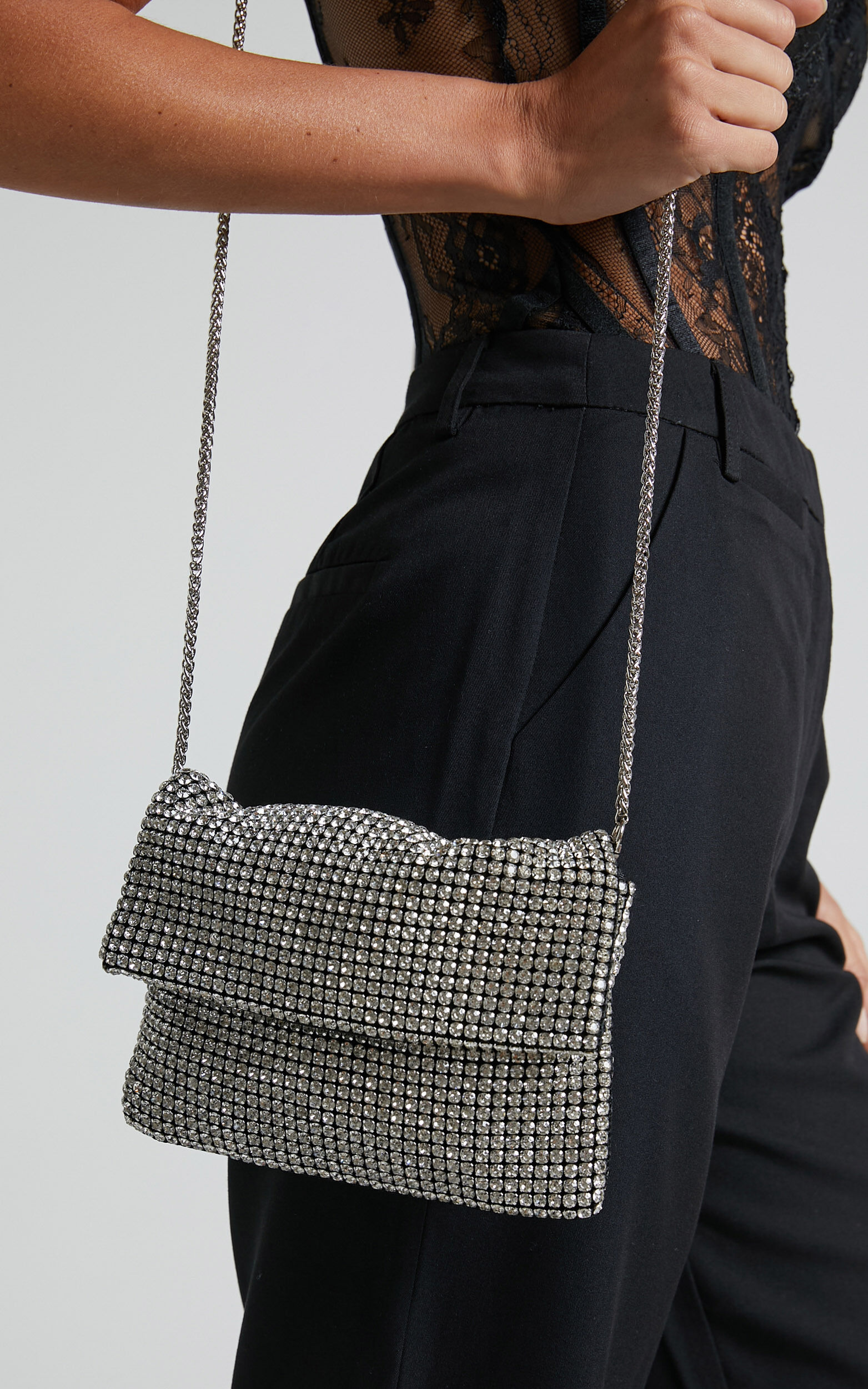 Serephine Bag - Chain Strap Clutch Bag in Silver Diamante - NoSize, SLV2, super-hi-res image number null