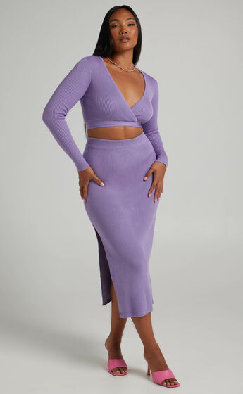 Tana Two Piece Knit Set with Knot Front in Lilac