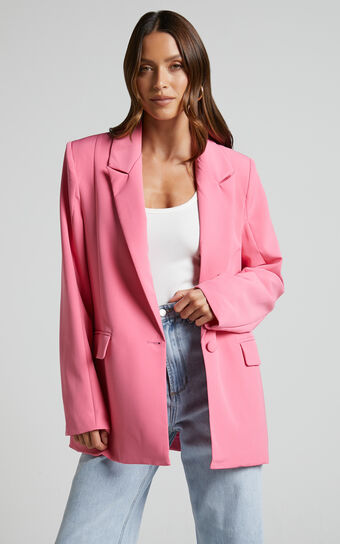 Sharmiel Blazer - Plunge Neck Oversized Longline Blazer in Pink