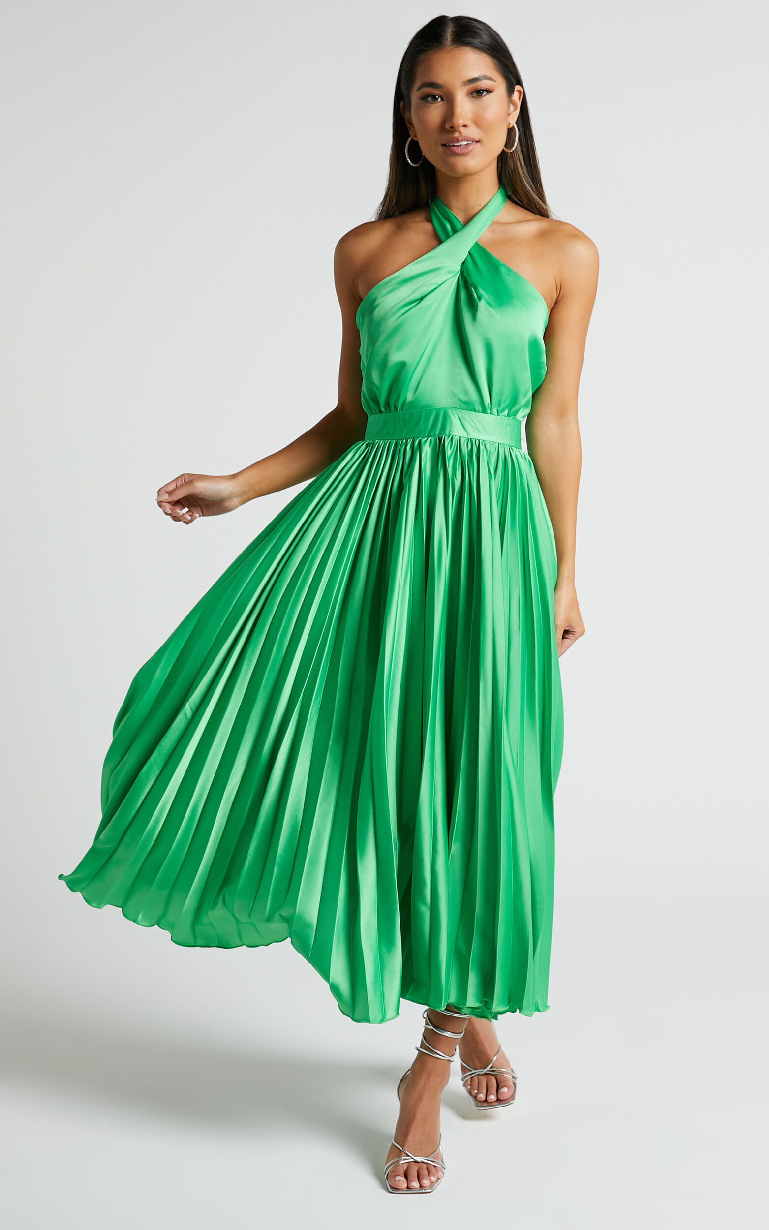 Eloise Midaxi Dress - Halter Neck Pleated Dress in Jewel Green - 06, GRN1