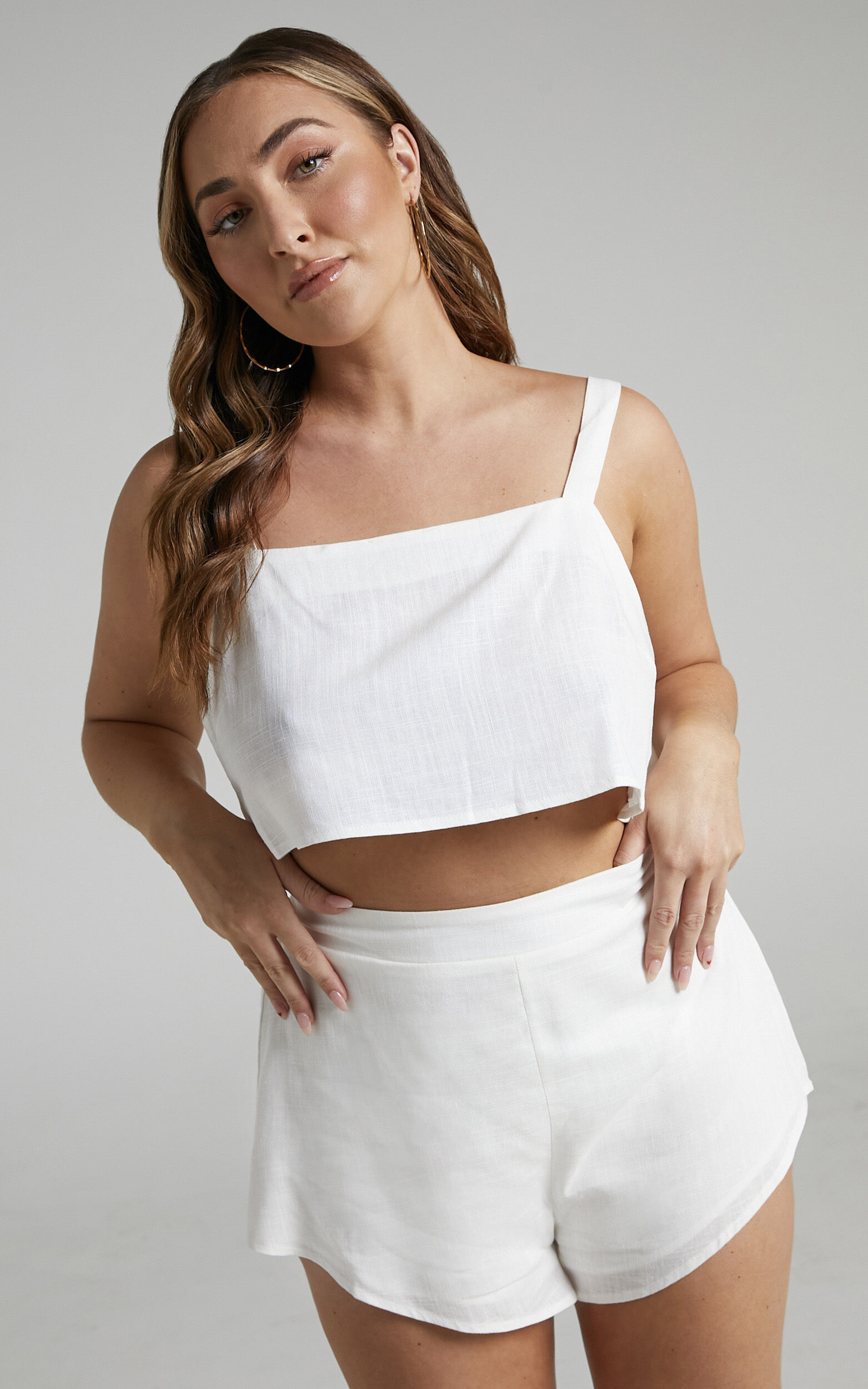 Zanrie Two Piece Set - Square Neck Crop Top and High Waist Mini Flare Shorts Set in White Linen Look - 14, WHT5